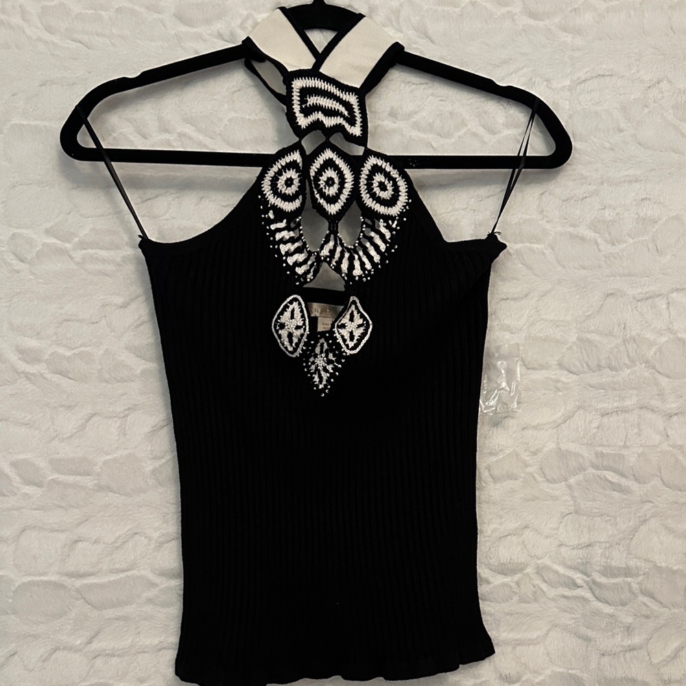 Boston Proper Black and White Crochet Tank Top